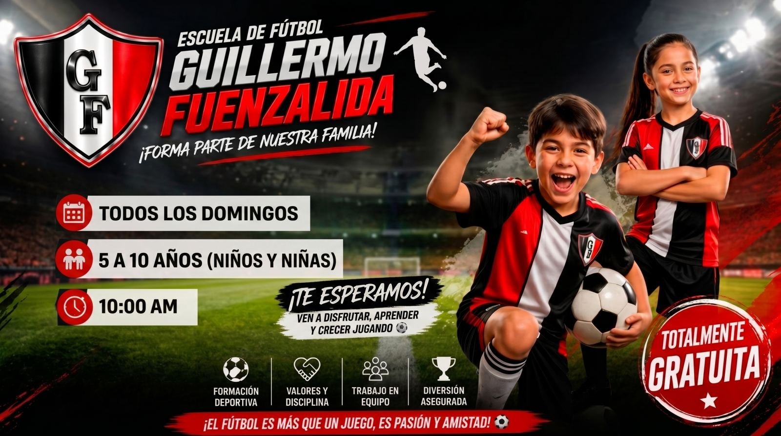 Escuela de Fútbol Guillermo Fuenzalida. Todos los domingos a las 10:00, niños y niñas de 5 a 10 años, totalmente gratuita.