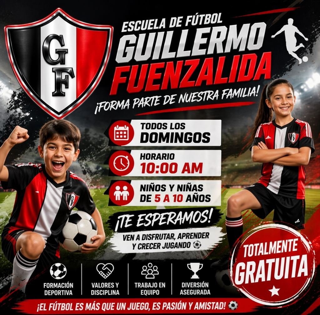 Escuela de Fútbol Guillermo Fuenzalida: domingos a las 10:00, niños y niñas de 5 a 10 años, gratuita.